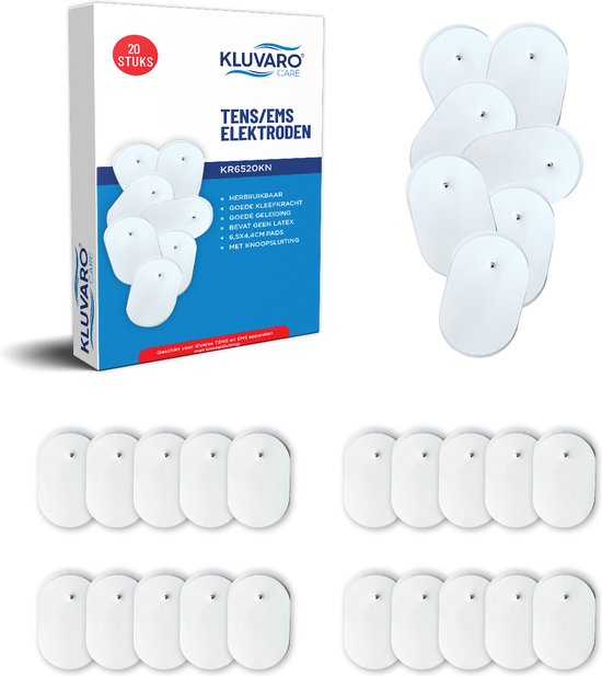 Kluvaro TENS/EMS Elektroden Pads - voor Elektrodentherapie apparaat - 3,3 mm knoopsluiting - 6,5x4,4 cm - 20 stuks