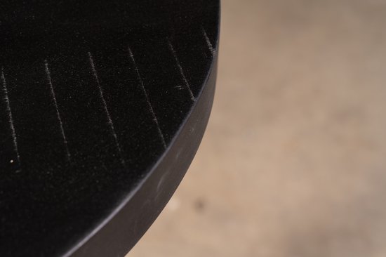 Table à manger Pearl avec plateau rond en bois de manguier finition noire d'un diamètre de 130 cm. et 1 pied rond noir sur une plaque de base ronde extra robuste.