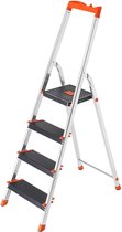 Ladder Rootz - 4 Marches - Aluminium - Escabeau - Plateau à outils - Antidérapant - Zwart - Oranje - 44 x 11,5 x 156 cm