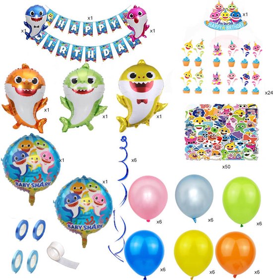 Joya Party® Shark Kinder Verjaardag Versiering 128 stuks | Baby Haai Themafeest Decoratie | Inclusief Feest Ballonnen, Slingers, Toppers & Accessoires | Kinderfeest Versiering - Joya Party