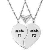 Bixorp Friends Vriendschapsketting voor 2 met Hartje & Magnetische Hanger - Zilverkleurig - "Weirdo #1 #2" - BFF Cadeau