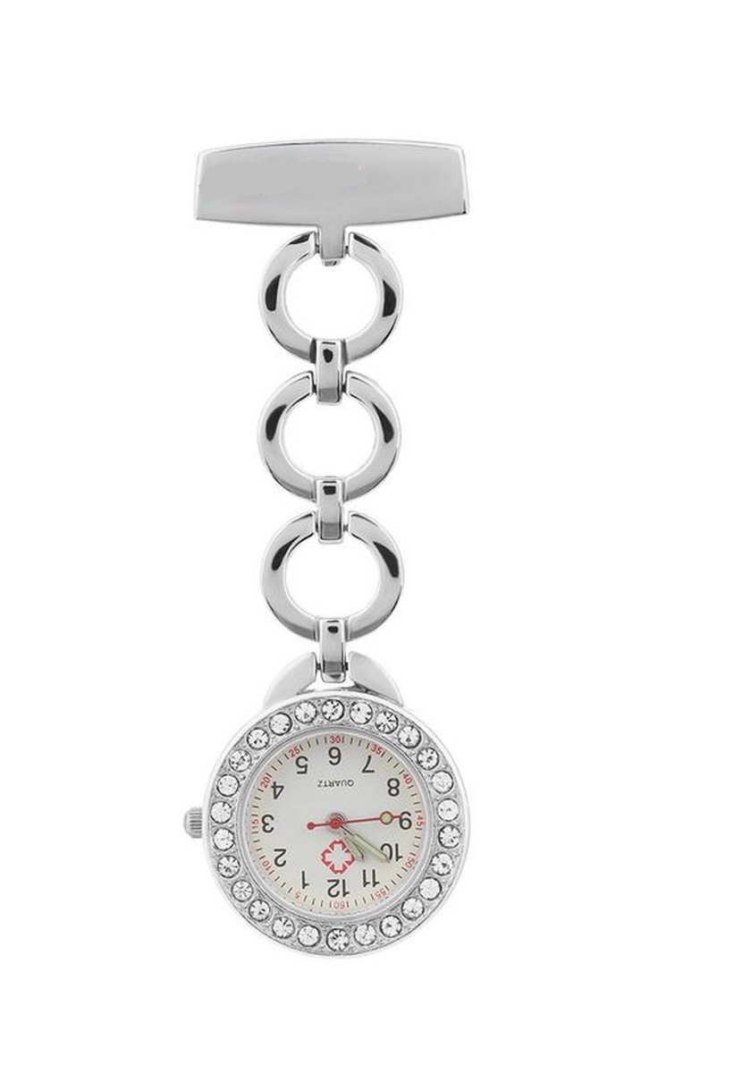 Elegant Rond Verpleegstershorloge Bling - Verpleegster Horloge - Dames - Zilverkleurig - Ø 2.6