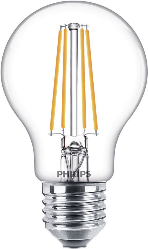Philips LED lamp, helder, 60W, E27, met vier filamenten.