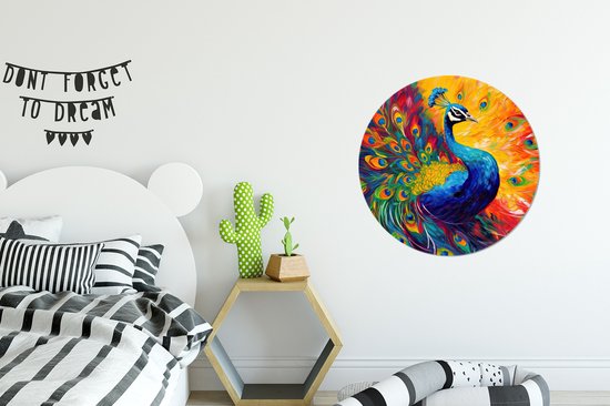 WallCircle® - Behangcirkel 50x50 cm - Muurstickers Pauw - Kunst - Schilderij - Pauwenveren - Muurcirkel woonkamer - Wandcirkel slaapkamer - Kamer decoratie zelfklevend - Muurdecoratie accessoires