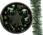 Kunststof kerstballen - 33x st - met slinger en ster piek -donkergroen