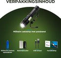 Inhoudsopgave: Zwarte militaire zaklamp met polsband, oplaadbare 3500mAh batterij, batterijhouder, USB-kabel en handleiding.