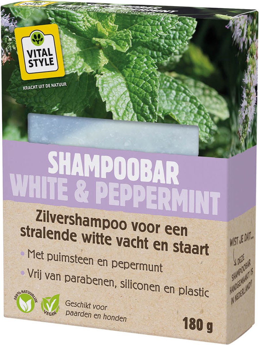 VITALstyle Shampoobar - White & Peppermint - Hondenshampoo - Paardenshampoo - Voor Een Stralend Witte Vacht - Met Puimsteen & Pepermunt - 180 g - VITALstyle