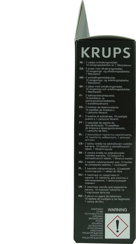 Zijkant van een Krups onderhoudskit verpakking met productlijsten in diverse talen en waarschuwingssymbool.