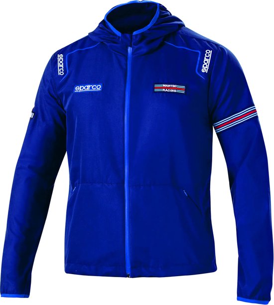 Veste bleue à capuche. Logos Spy et Sparco sur le devant et les manches. Logo Martini Racing sur la poitrine.