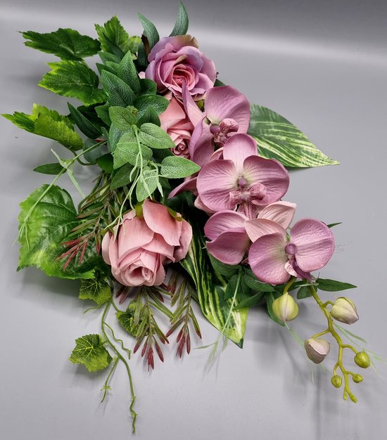 Zijdenbloemen, Boeket 01, Oud roze, 60cm, Orchidee, 3 rozen, Eucalyptus, Druivenblad
