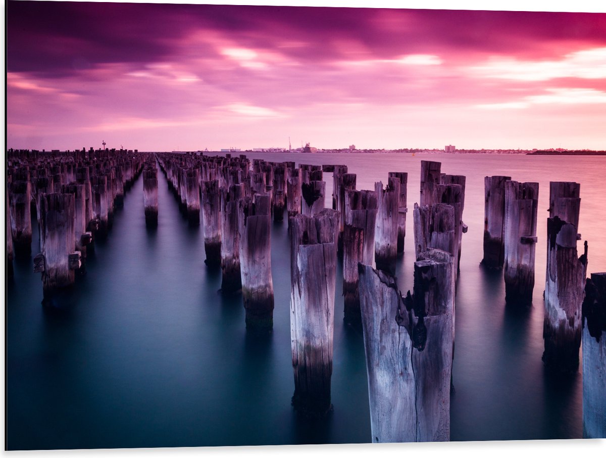 Dibond - Palen - Water - Hout - Zee - Kleuren - 80x60 cm Foto op Aluminium (Wanddecoratie 
