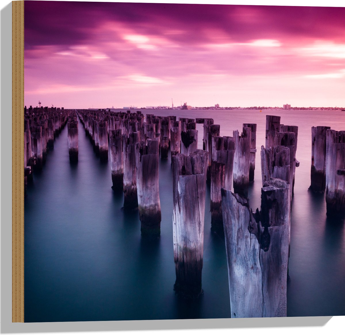 Hout - Palen - Water - Hout - Zee - Kleuren - 50x50 cm - 9 mm dik - Foto op Hout (Met Opha