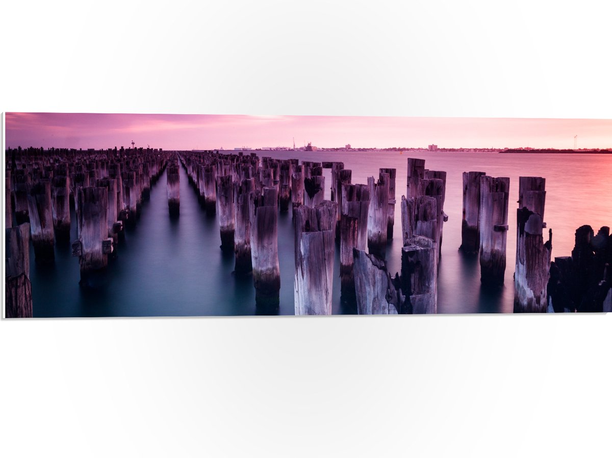 PVC Schuimplaat- Palen - Water - Hout - Zee - Kleuren - 90x30 cm Foto op PVC Schuimplaat