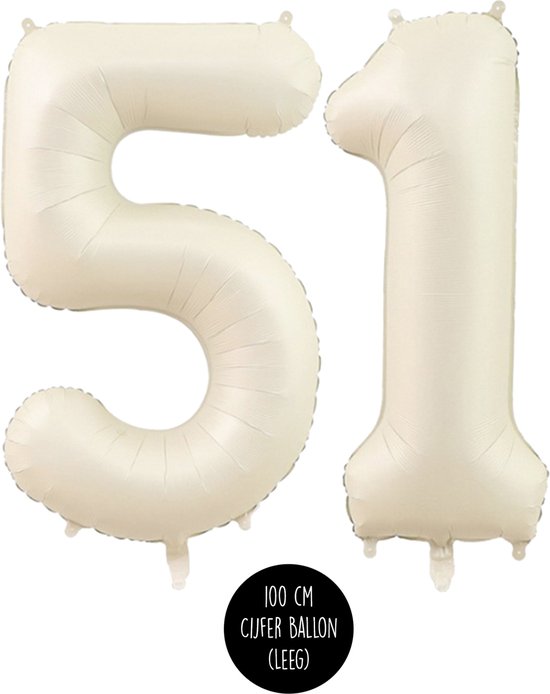 Cijfer Helium Folie ballon XL - 51 jaar cijfer - Creme - Satijn - Nude - 100 cm - leeftijd 51 jaar feestartikelen verjaardag