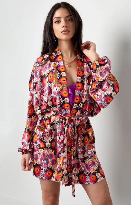 Kimono - Jasje - Bloemen- Kort Model - Blauw/Roze/Geel - Maat L | bol
