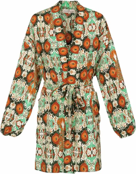 Kimono - Jasje - Bloemen- Kort Model - Groen/Oranje - Maat S