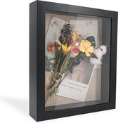 3D-fotolijst diepe objectlijst 20 x 25 cm zwart met glazen paneel voor het vullen van bloemen medailles kaartjes wandtafellijst