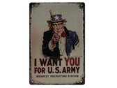 Wandbord – I want You - Army - Leger – Vintage - Retro - Wanddecoratie – Reclame bord – Restaurant – Kroeg - Bar – Cafe - Horeca – Metal Sign - 20x30cm