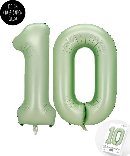 Cijfer Helium Folie Ballon XXL - 10 jaar cijfer - Olive - Groen - Satijn - Nude - 100 cm - leeftijd 10 jaar feestartikelen verjaardag