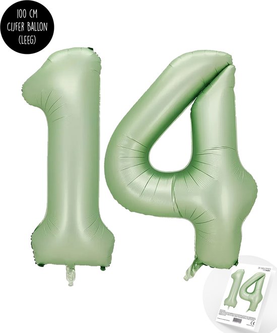 Cijfer Helium Folie Ballon XXL - 14 jaar cijfer - Olive - Groen - Satijn - Nude - 100 cm - leeftijd 14 jaar feestartikelen verjaardag