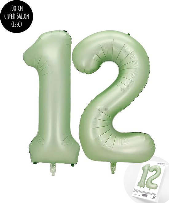 Cijfer Helium Folie Ballon XXL - 12 jaar cijfer - Olive - Groen - Satijn - Nude - 100 cm - leeftijd 12 jaar feestartikelen verjaardag