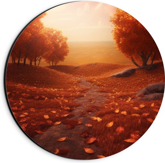Dibond Muurcirkel - Schilderij van Weg tussen Bomen Bedolven onder Herfstbladeren met Prachtig Uitzicht - 20x20 cm Foto op Aluminium Muurcirkel (met ophangsysteem)