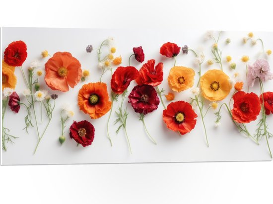 PVC Schuimplaat - Rij van Planten en Bloemen in Verschillende Kleuren en Soorten op Wit Oppervlak - 100x50 cm Foto op PVC Schuimplaat (Met Ophangsysteem)