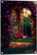 Tuinposter – Romantische Schommel aan Roze Bloemenboog - 50x75 cm Foto op Tuinposter (wanddecoratie voor buiten en binnen)