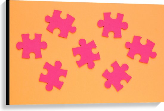 Canvas - Roze Puzzelstukjes op Oranje Achtergrond - 90x60 cm Foto op Canvas Schilderij (Wanddecoratie op Canvas)