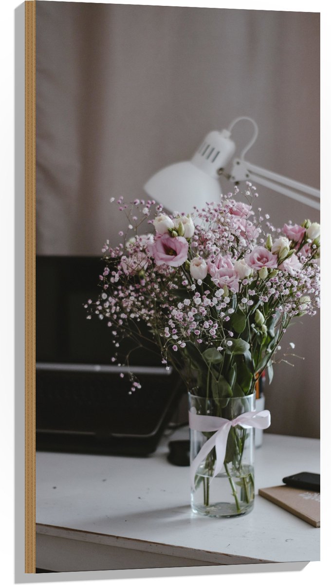 Hout - Bloemen - Boeket - Water - Strik - Lamp - Telefoon - Bureau - Laptop - 50x100 cm - 9 mm dik - Foto op Hout (Met Ophangsysteem)