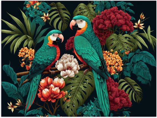 Poster Glanzend – Schilderij van Twee Papegaaien tussen de Kleurrijke Bloemen en Planten - 40x30 cm Foto op Posterpapier met Glanzende Afwerking