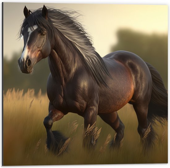 Dibond - Schilderij van Rennend Bruin Paard met Dansende Manen - 50x50 cm Foto op Aluminium (Wanddecoratie van metaal)