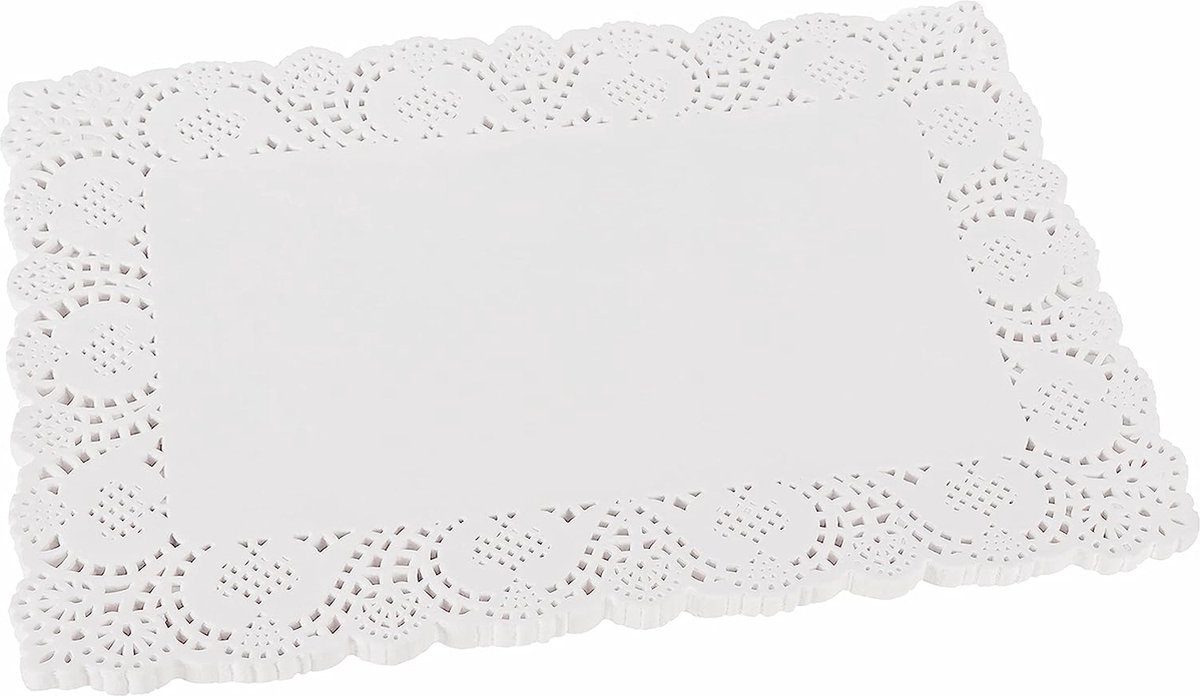 100 stuks Belle Vous Rechthoekige Witte Kant Papieren Taart Onderleggers - 36,5 x 26 cm - Ideaal voor Bruiloft Decoratie, Tafelinstellingen, Papieren Placemats en Verpakking.