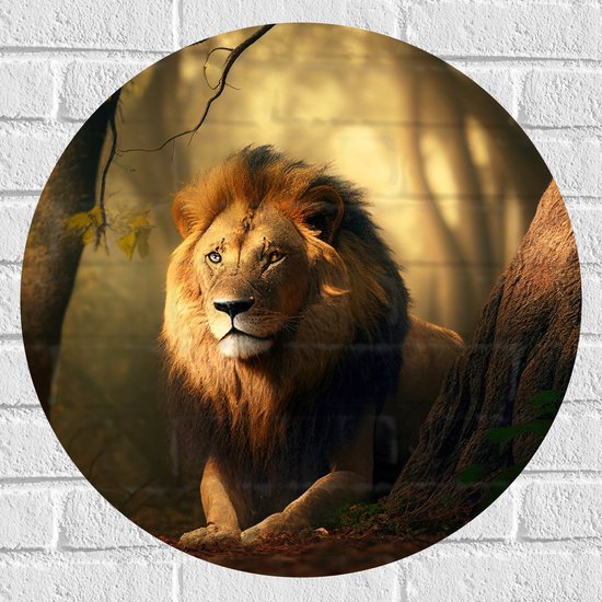 Muursticker Cirkel - Prachtige Leeuw met Volle Manen Schuilend achter Boom - 60x60 cm Foto op Muursticker