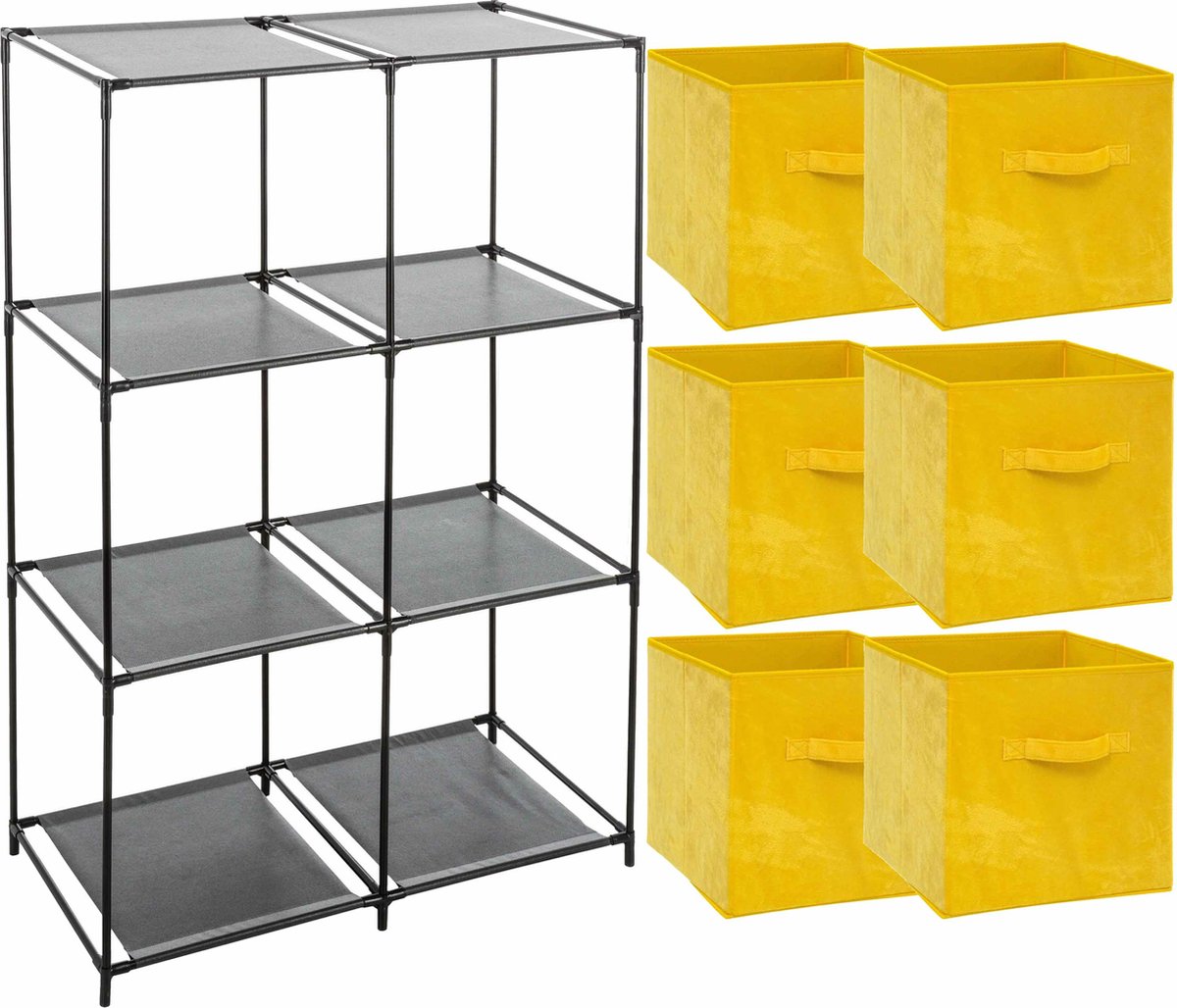 5Five Kastmandjes/opberg manden - okergeel - 6x stuks van 29L - Metalen rekje is 68 x 98 cm