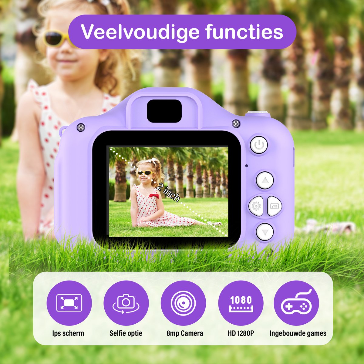 Ilona® Digitale Kindercamera HD 1080p inclusief stickervel - Speelgoedcamera - 32GB micro sd kaart - Fototoestel Voor Kinderen - Selfie Camera - Unicorn Paars — afbeelding 2