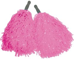 Cheerballs - set van 2x - roze - pompoms met franjes en stick handgreep - 25 cm - kinderen