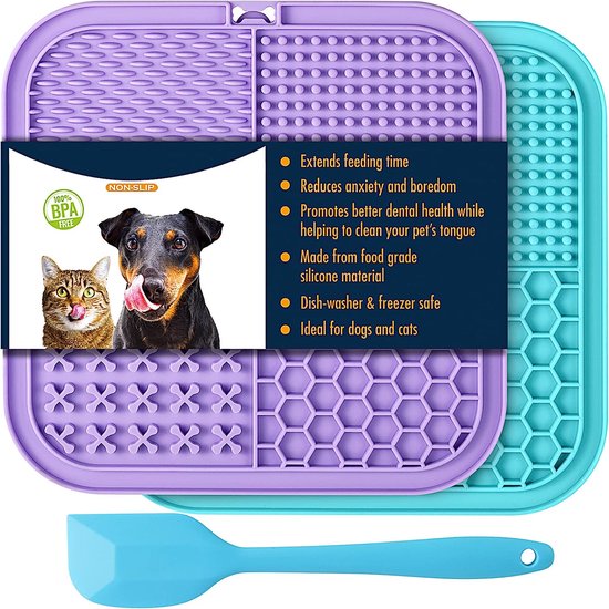 BOTC Likmat Hond met Silicone spatulas - 3-Delig Likmat Voermat Hond - voermat - Slowfeeder Hond - Blauw /Geel