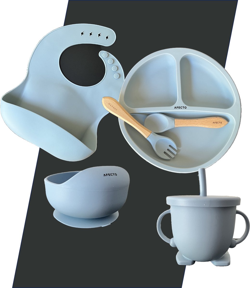 Afecto eetset voor kinderen - servies set 6 delig - siliconen onbreekbaar - eenvoudig schoonmaken - blauw - complete set