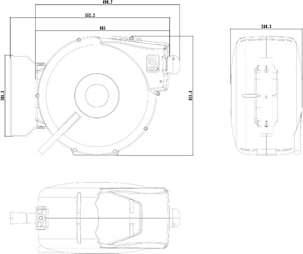 Haspel perslucht 7 m Ø 1/4 10 bar PP met automatische oprol en zwenkbare muurbeugel MW Tools HAL00808CG