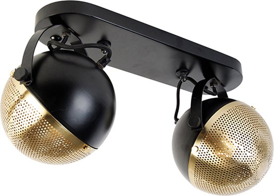 QAZQA haicha - Industriele Plafondlamp - 2 lichts - L 43 cm - Zwart Goud - Industrieel - Woonkamer | Slaapkamer | Keuken