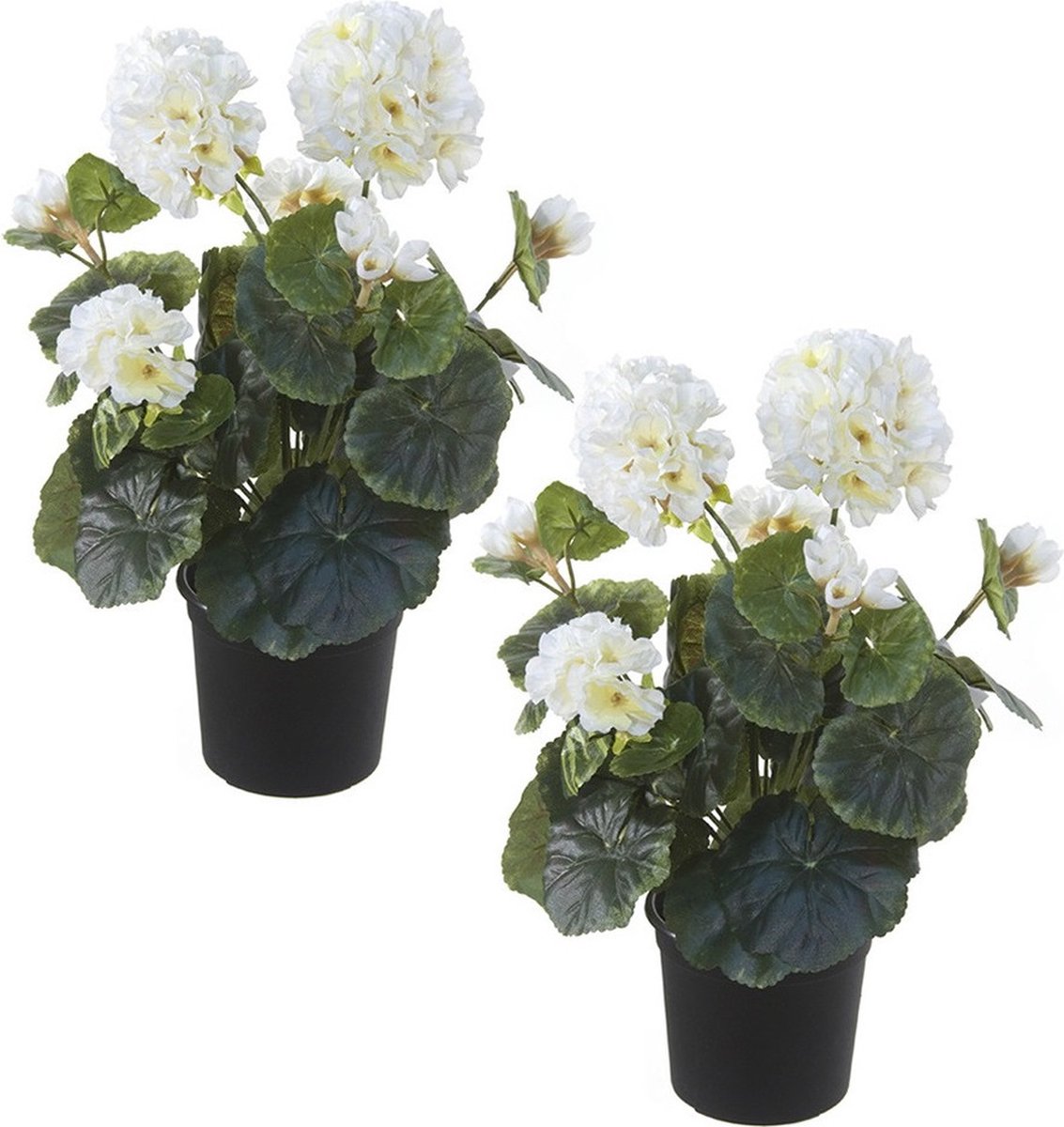 Set van 2x stuks witte geranium kunstplanten in zwarte kunststof pot 35 cm - Pelargonium Graveolens - Woondecoratie
