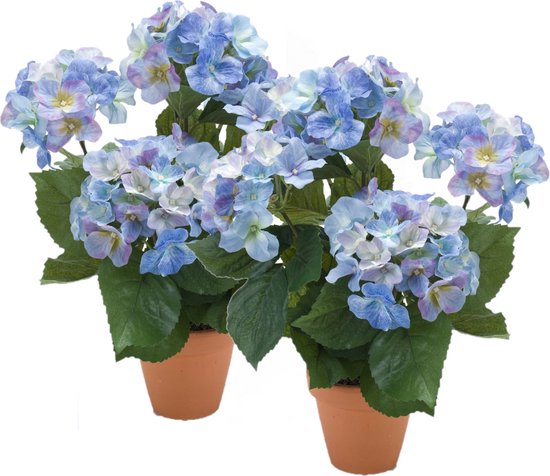 2x stuks blauwe hortensia kunstplant in terracotta pot 40 cm - Hydrangea Macrophylla - Woondecoratie/accessoires - Kunstplanten - Nepplanten - Hortensia planten in pot