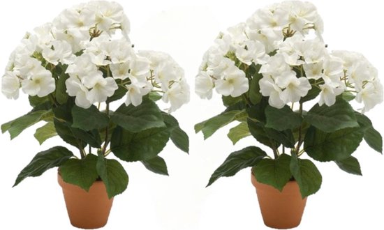 2x stuks kunstplant Hortensia wit in terracotta pot 40 cm - Kamerplant witte Hortensia