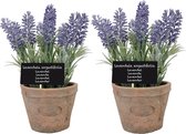 2x stuks kunstplanten lavendel in terracotta pot 23 cm - Kunstplanten/nepplanten