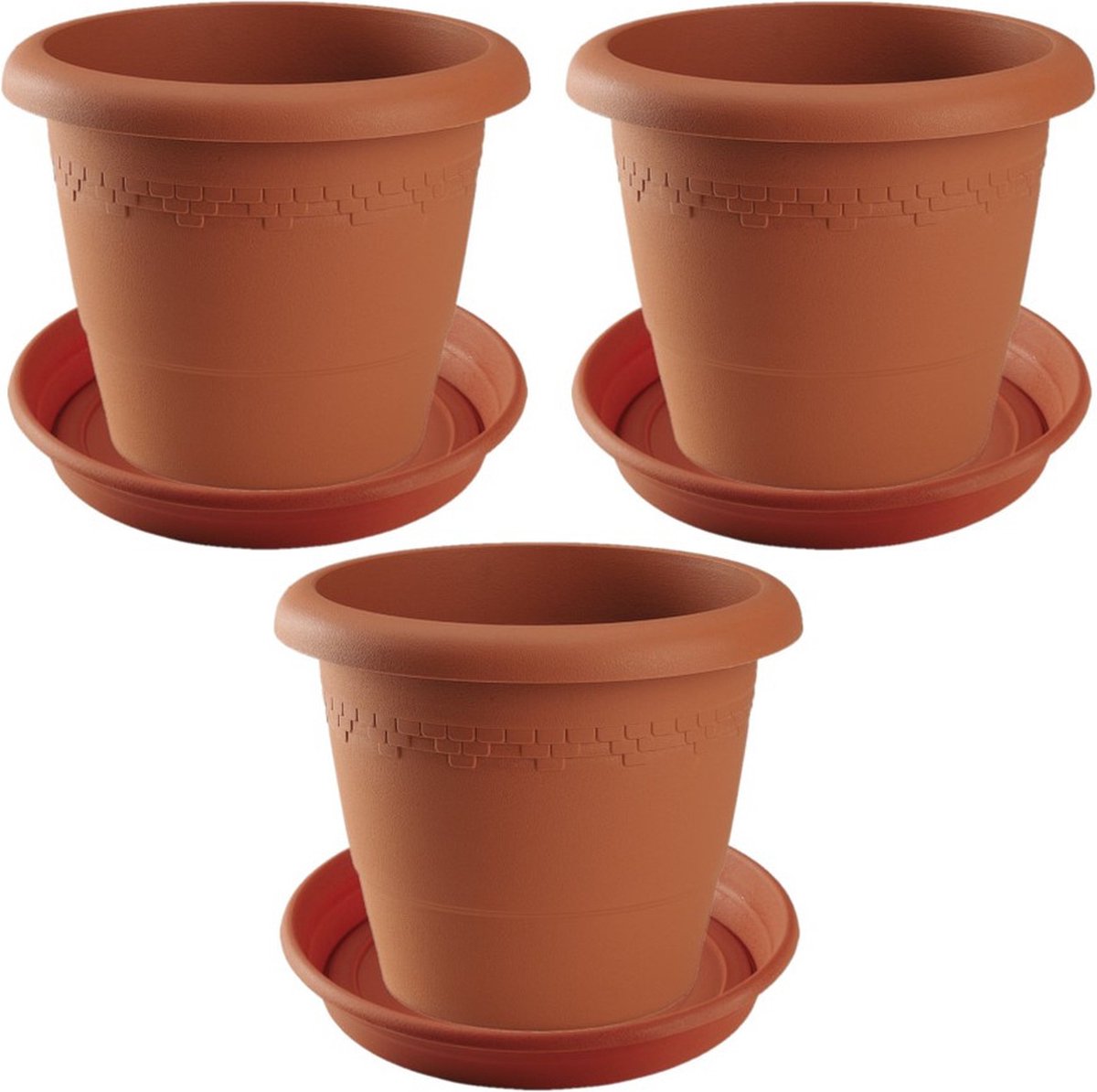 3x stuks bloempotten met onder opvangschaal in kleur terra cotta - rond  diameter pot... | bol.com