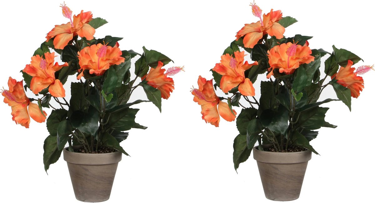 Mica Decorations Kunstplant Hibiscus - 2x stuks - oranje - H40 x D30 cm - grijze pot - nepplant - Kunstplanten/nepplanten met bloemen
