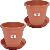 2x stuks bloempotten met onder opvangschaal in kleur terra cotta - rond diameter pot 35 cm - Plantenpotten/bakken