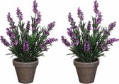 2x stuks lavendel kunstplanten/kamerplanten paars in grijze sierpot H33 cm x D20 cm - Kunstplanten/nepplanten
