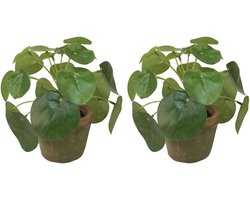 2x Kunstplanten pannenkoeken planten groen in pot 13 cm - Kamerplant/kantoorplant groen pilea